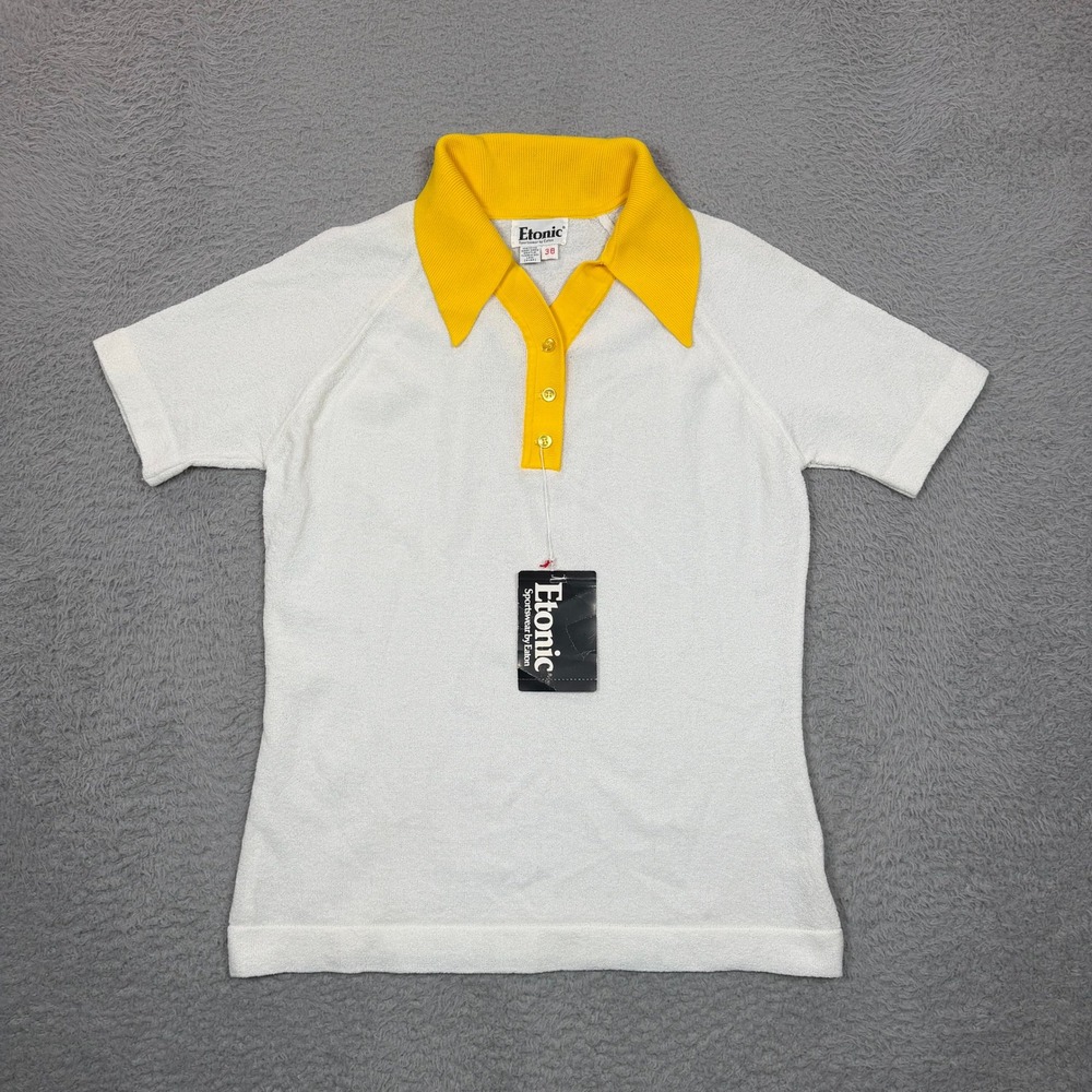 Vintage Etonic Sportswear White Yellow Polo Shirt 70s Deadstock NWT Size 38